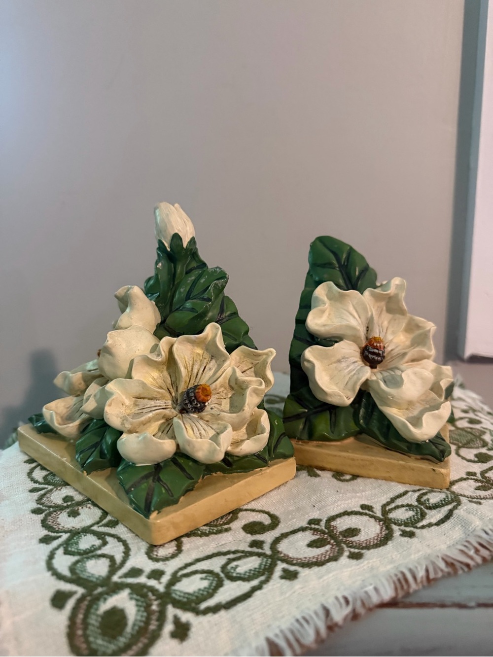 Vintage Decorative Cream Magnolia Bookends with Green Leaves